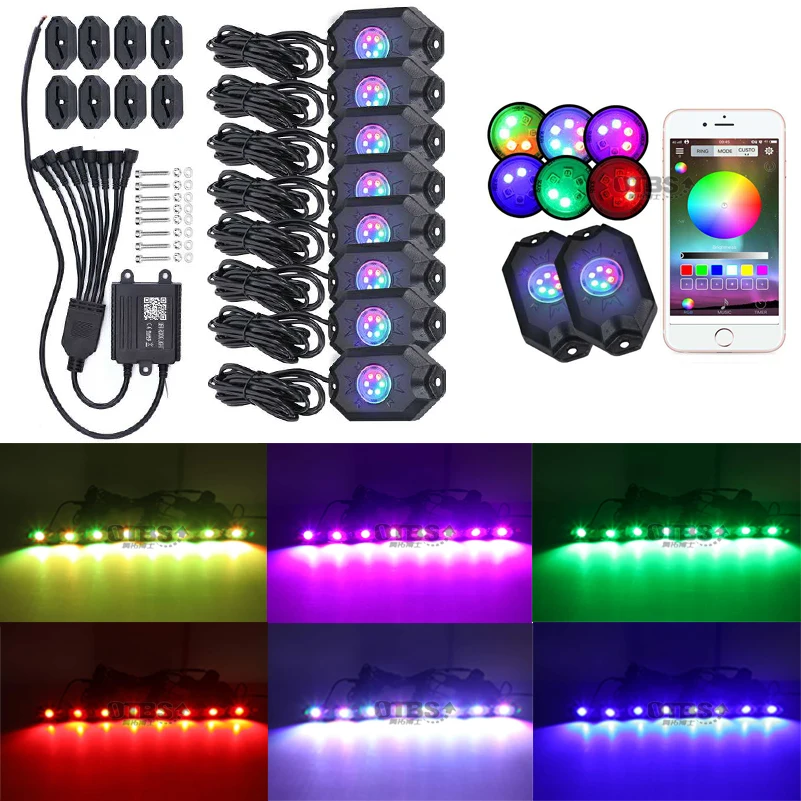 4/8 стручки RGB Led светильник-рок комплект IP68 Bluetooth контроль жгута проводов и