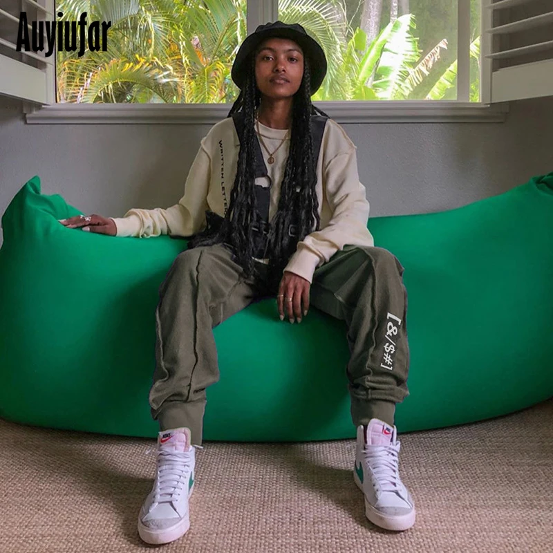 

Auyiufar Fashion Cargo Pants Letter Print Casual Loose Trousers Streetwear High Waist Patchwork Loose Pantalon Femme 2019 New