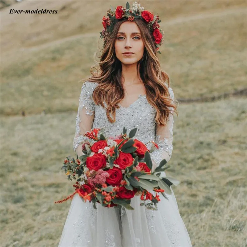 Платье vestido De noiva одежда с длинным рукавом свадебные платья в стиле Country с v-образным вырезом с кружевной аппликацией, с низким вырезом на спине, с пайетками в стиле «Бохо Сад Свадебные платья