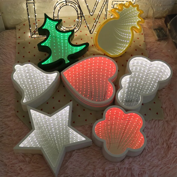 

LED Plastic Decoration Small Night Lamp INS Stars Love Cloud Mirror Tunnel Light Room Decoration Bedside Small Table Lamp