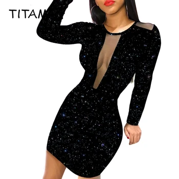 

Women Dress Black Sexy Bodycon Long Sleeve O Neck Mesh See Through Sequin Clubwear Party Midi Dresses for Women Girls