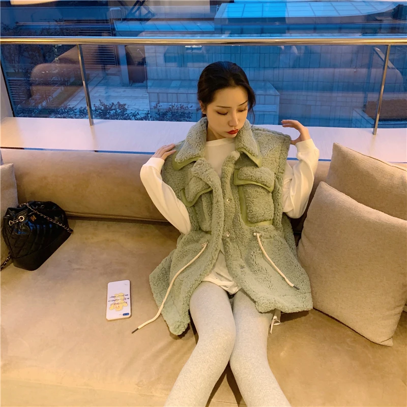EAD зима новая Корейская версия ягненка кашемировое пальто свободная дикая Талия галстук тонкий жилет женский