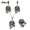 Kinel Fashion Silver Color Vintage Wedding  Jewellery Set Black Crystal Rose Flower Ring Jewelry Sets For Women Party Gift ► Photo 1/6