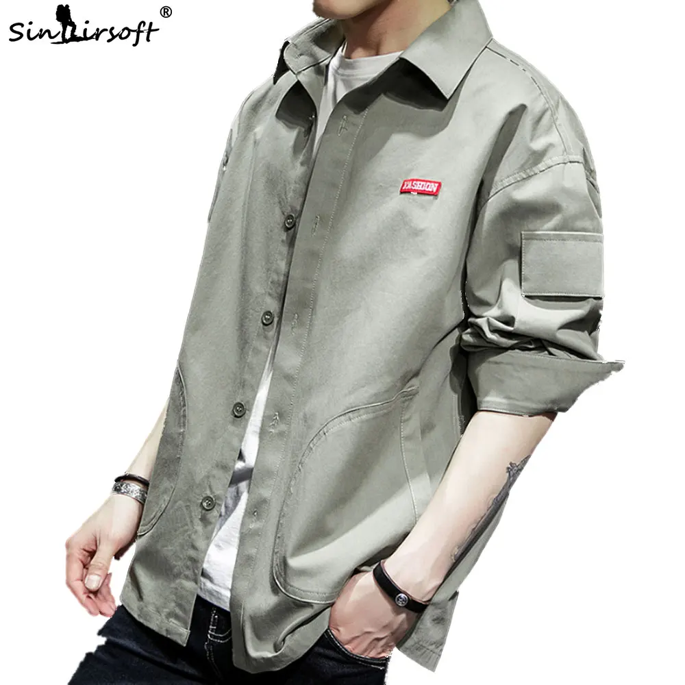 Gray And Black Cotton Shirt Men New Autumn Fashion Casual Men's Wide-waisted Thin Jacket Long Sleeve Patch Designs Tops Hot