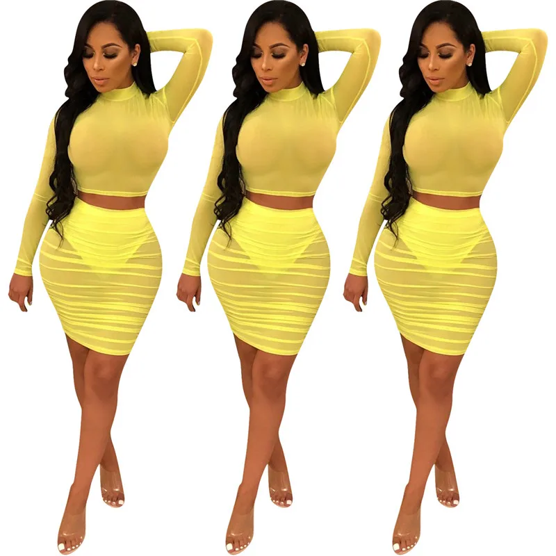 Sexy 2 Pcs Set Women Skirt Sets Summer Sheer Mesh Crop Top Short Piece Bodycon Runway Party Two Club Outfits |
