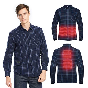 

USB Electric Charging Heating Plaid Shirt Plus Velvet Long Sleeve T-shirts Hiking Camping Intelligent Temperature Control Shirt