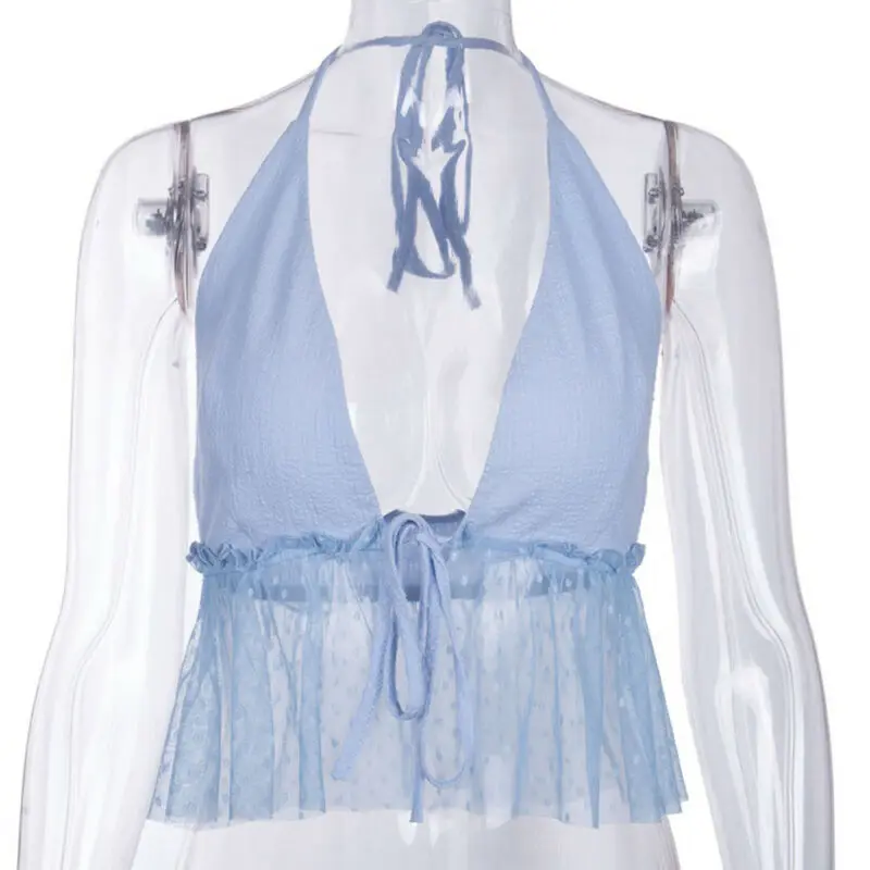Женский синий Повседневный тонкий Холтер с глубоким вырезом Sheer Mesh panel Chic Crop Cami Top Lace-up back прозрачный сетчатый подол camisole