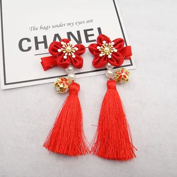 

Kids Girls Red Traditional Chinese Style 5 Petals Flower Tassels Hair Clips Barrettes Hairpins Hair Accessories Random Style