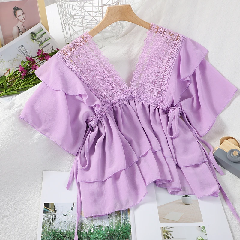 Пикантная шифоновая рубашка с v образным вырезом и кружевными вставками Изящная