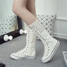 Большой размер 35-43, новые модные женские высокие ботинки на молнии с заклепками повседневные парусиновые ботинки на плоской подошве с высоким голенищем высокие ботинки в стиле панк MA-69