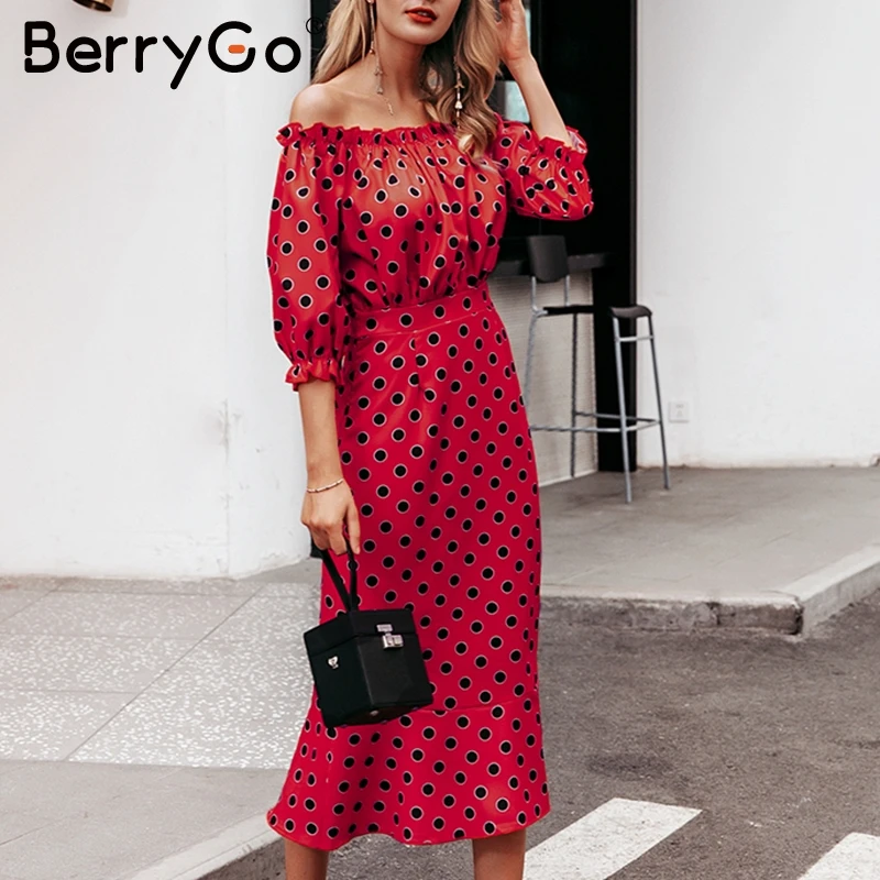 BerryGo сексуальное платье с открытыми плечами в горошек женское длинное платье с высокой талией облегающее осеннее платье с оборками вечерние Клубные тонкие женские платья