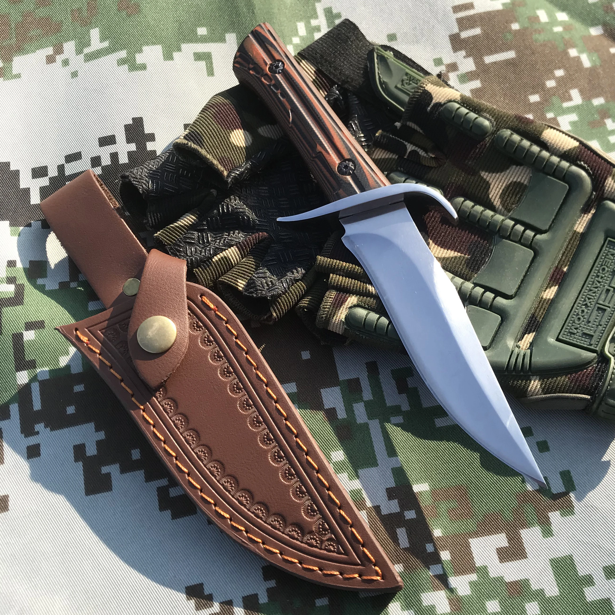 

7CR13MOV Tactical Straight Knife G10 Handle Sharp Hunting Knife Outdoor Self-defense Knife Home Slice Knife + Leather Sheath