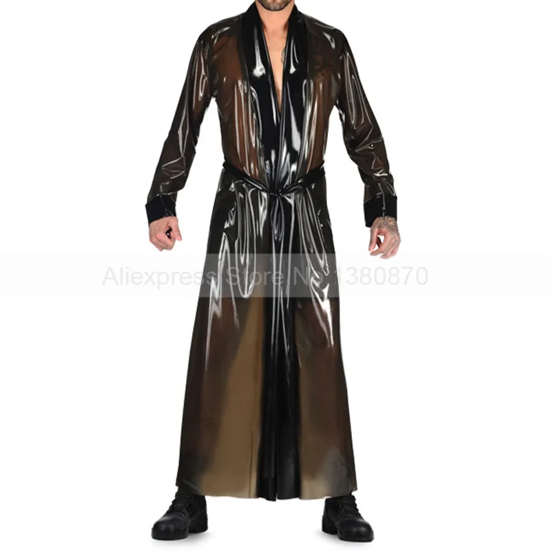 

Male Latex Long Robe Transparent Black Sexy Mans Rubber Gown Fetish Party Suit Handmade S-LSM071
