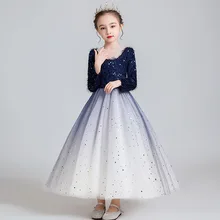 Элегантное платье с длинными рукавами для маленьких девочек; сезон осень-зима; сверкающие Платья с цветочным узором; платье принцессы для малышей; детский праздничный костюм для дня рождения