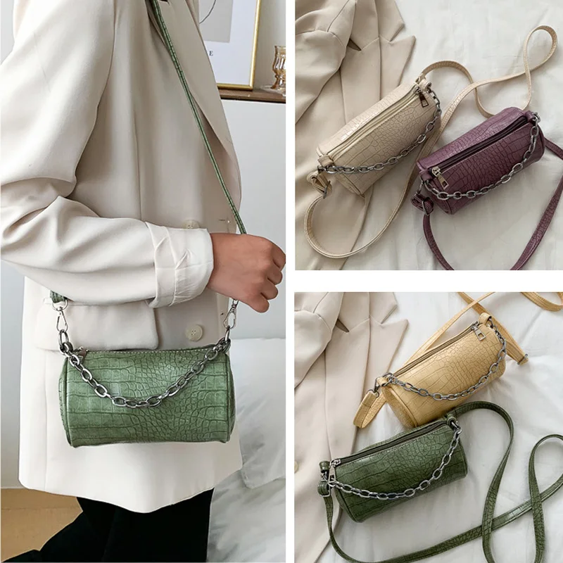 

New Women Vintage Handbags Luxury PU Leather Alligator Shoulder Chain Bag Barrel-shaped Crossbody Bag Ladies Cosmetics Phone Bag