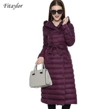 Fitaylor новые зимние женские ультра светильник утка вниз длинное пальто однобортный размера плюс теплая зимняя верхняя одежда тонкий с капюшоном