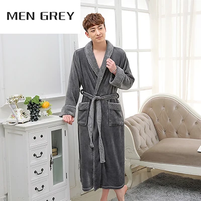 Men Grey Распродажа, длинный теплый халат для влюбленных, мужской зимний Шелковый мягкий толстый Халат кораллового цвета, кимоно из рунной шерсти, банный халат, мужской халат для отдыха, ночные халаты - Цвет: Men Grey