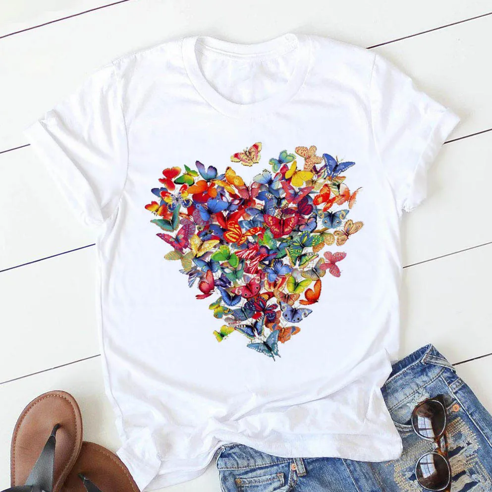 pink heart flower Print Women tshirt Short Sleeve Print Clothes Ladies Womens T-Shirt Graphic Tops Clothes Female T-shirts
