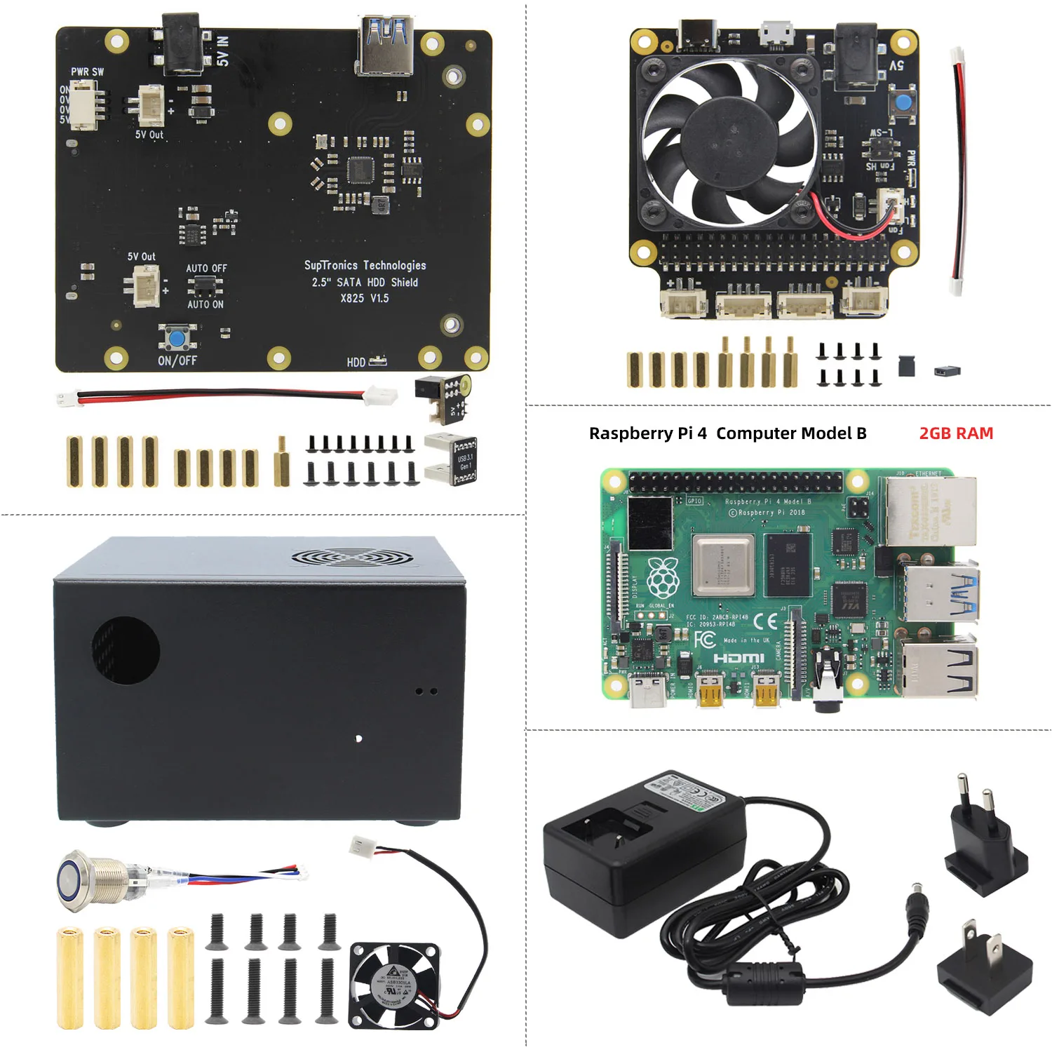  Placa Raspberry Pi 4 Modelo B + placa X825 SSD y HDD SATA con carcasa metálica + Placa de gestión d