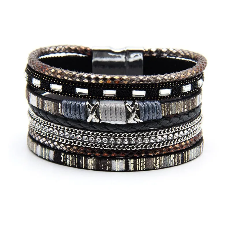 New Bohemian Colorful Multilayer Rope Woven Leather Magnet Buckle Bracelet Bangles Handmade Vintage Fashion Jewelry For Women