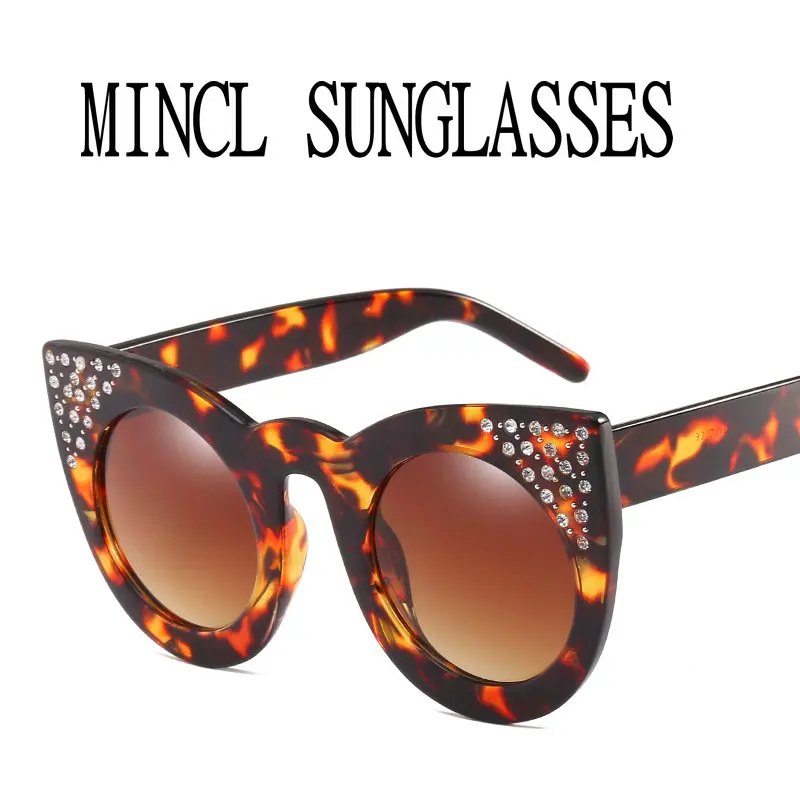 mincl Brand Designer Fashion Vintage Small Round Diamond Sunglasses Women cat Colorful Rhinestone Shades UV400 FML - Цвет линз: leoaprd