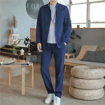 

2 piece Men Suit Chinese Style Stand Collar Tunic Suit Male Wedding Groom Slim Fit Plus Size 5XL Blazer Set Tuxedo (Jacket+Pant)