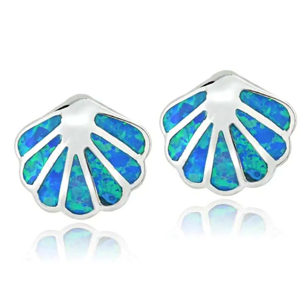 Sea Life Animals Created Blue Opal Shell Stud Earrings in 925 Sterling Silver For Women Gift