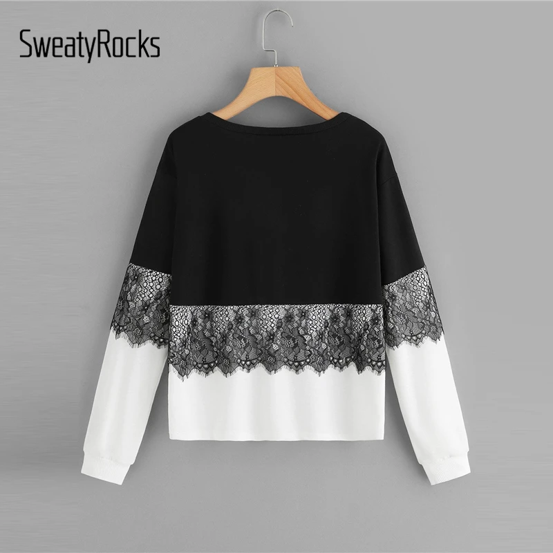 Свитер SweatyRocks с контрастным кружевом и цветными блоками, осень, черно-белые пуловеры, повседневные толстовки для отдыха
