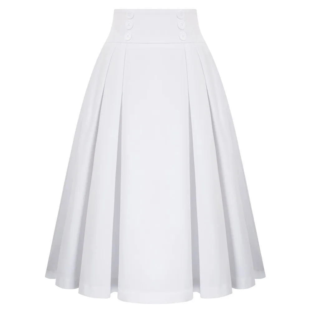 

Women Vintage Skirt High Waist Buttons Decorated Flared A-Line Skirt White Knee Length School Youth Girl Lady Pleated Skirts New