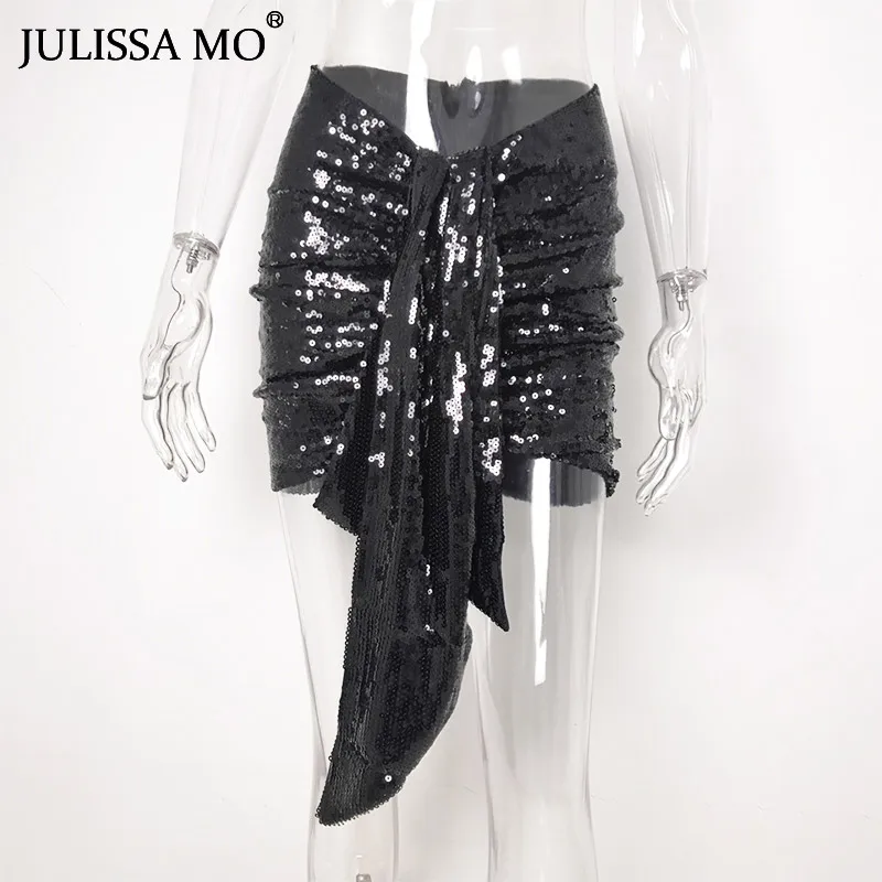 Черный JULISSA MO шикарная сексуальная блестящая юбка с блестками для женщин с высокой талией обтягивающие короткие юбки элегантные вечерние с цветочным принтом Jupe femme - Цвет: Черный