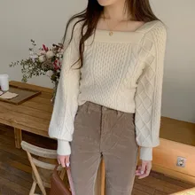 Korean square neck dew collarbone thickened warm knitted sweater female Korean square neck dew collarbone thickened warm knitted sweater female