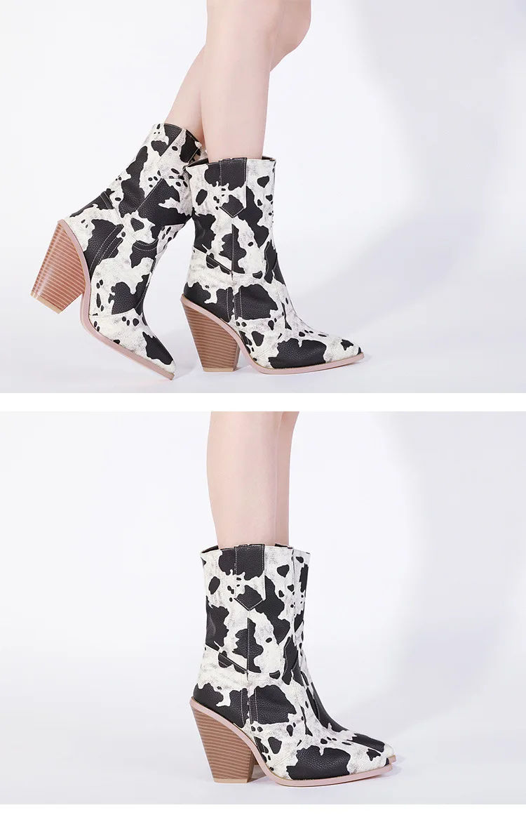 Весенне-осенние женские сапоги до середины икры; Zapatos de mujer; модные разноцветные Лоскутные ботинки с острым носком на толстом каблуке