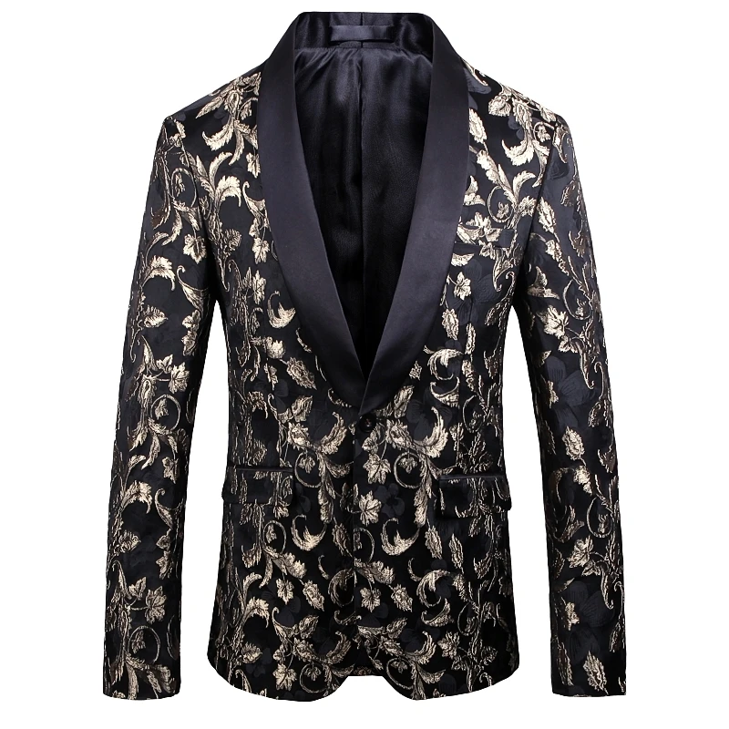 

Luxury Gold Print Men Blazer British Style Business Prom Wedding Men Coat Jacket Fashion Casual Slim Fit Mens Blazer Jacket 5XL