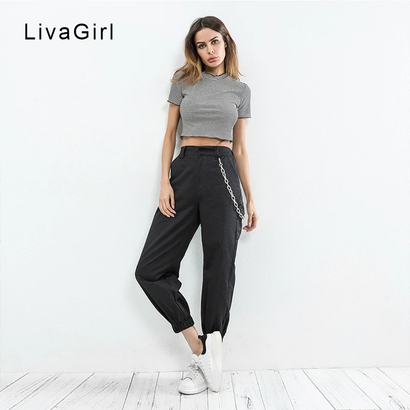 Solid Streetwear Beam foot cargo pants Joggers High Waist Loose Female Trousers | Женская одежда