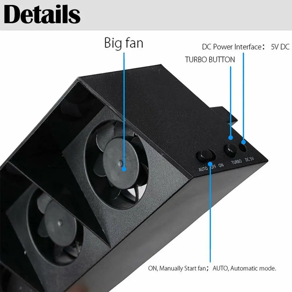 TP4-005 USB Cooling Fan Smart Turbo Temperature Control Black Cooler 5-Fan for Playstation 4 for PS4 Radiation Fan Durable