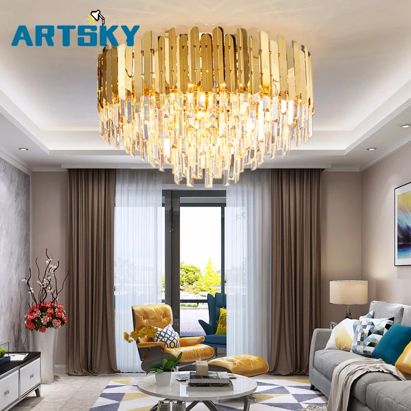 

Luxury Crystal Gold Round Stainless Steel Ceiling Lamp AC110-240V Living Room Lamp Hotel Engineering Lighting