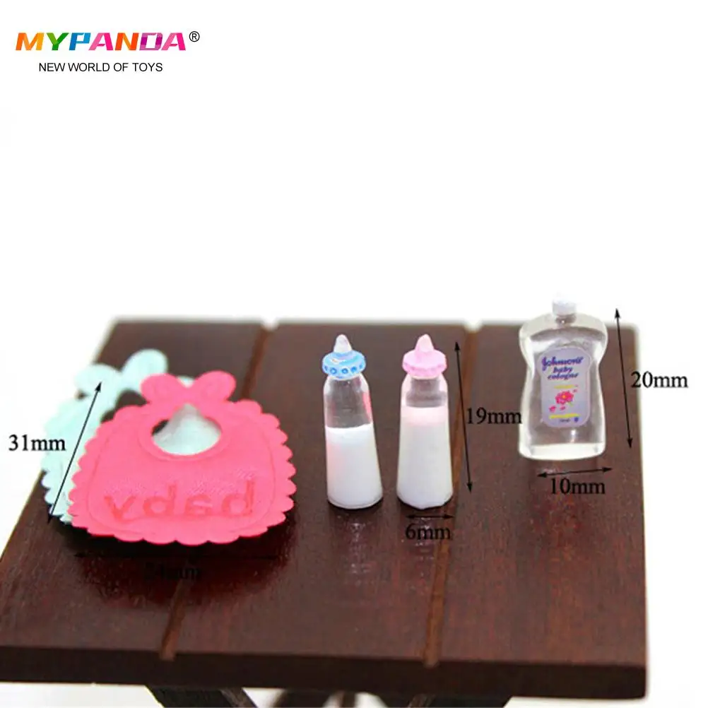 1set 1:12 Dolls House Miniature Baby Bottles Shampoo Bibs Set Nursery Accessory Gift Baby Bottles Set doll accessories plush doll accessories