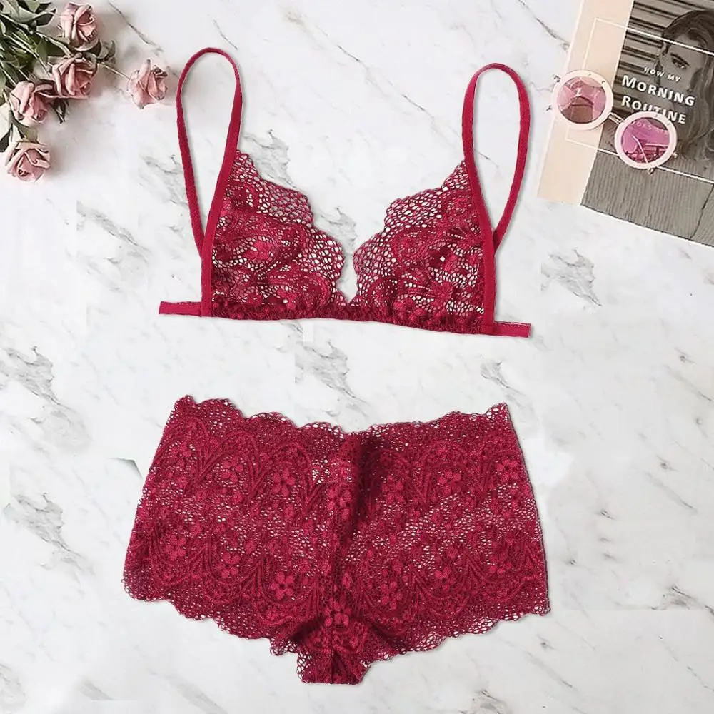 

2019 Longerie Mujer Verano Sexy Bra Set Lace Women Wine Red V-Neck Seamless Wire Free Bra Lingerie Underwear Set Lenceria A1