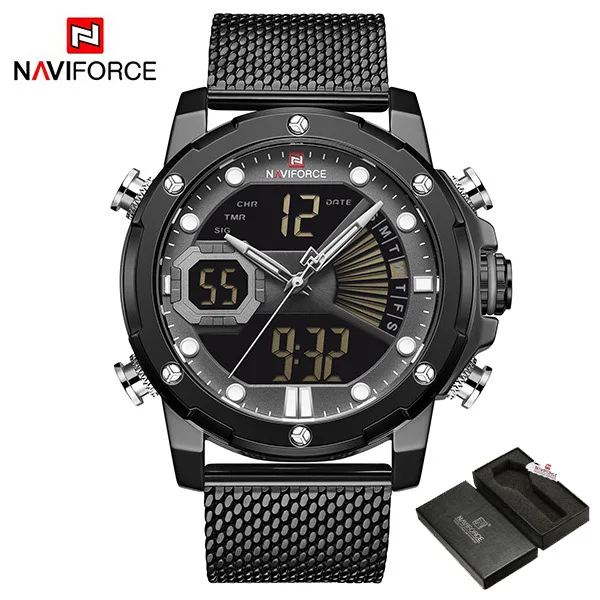 NAVIFORCE Топ бренд Lucury мужские часы спортивные часы из нержавеющей стали водонепроницаемые наручные часы Подарки для мужчин relogio masculino - Цвет: BlackGrayWithBox