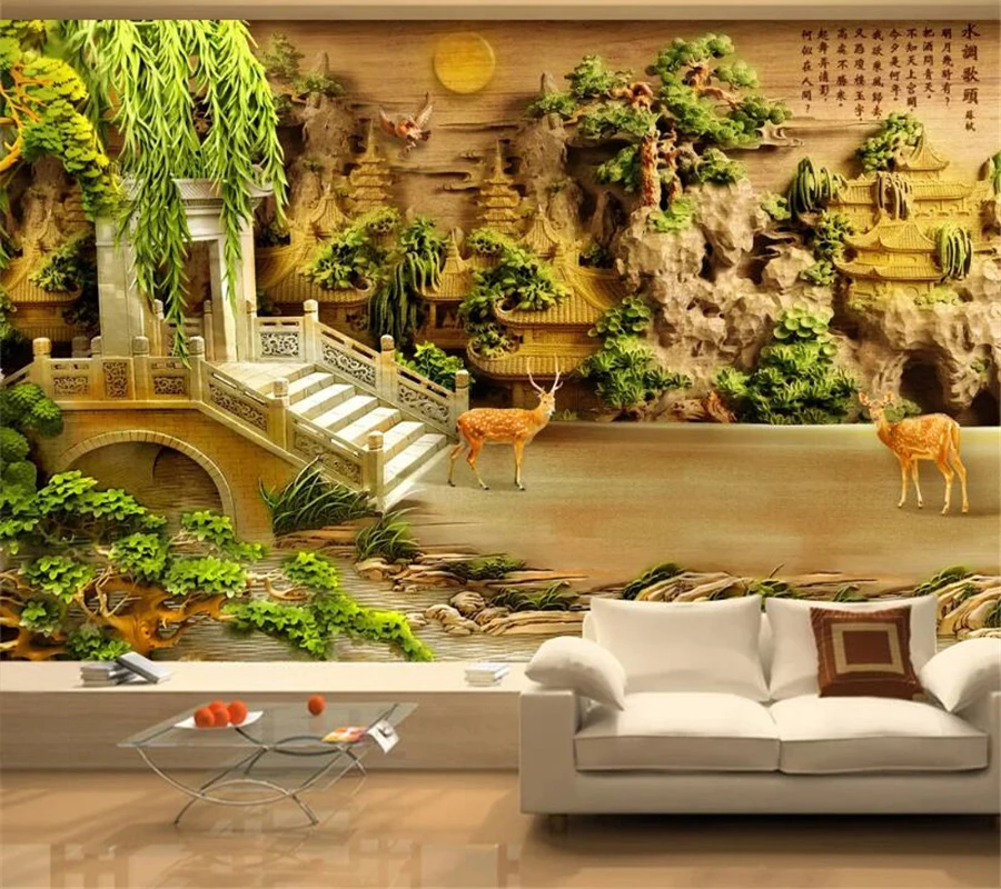 beibehang Custom wallpaper 3D mural ancient pavilion Fu Lu Jinqiao background wall smooth sailing jade carving | Обустройство дома
