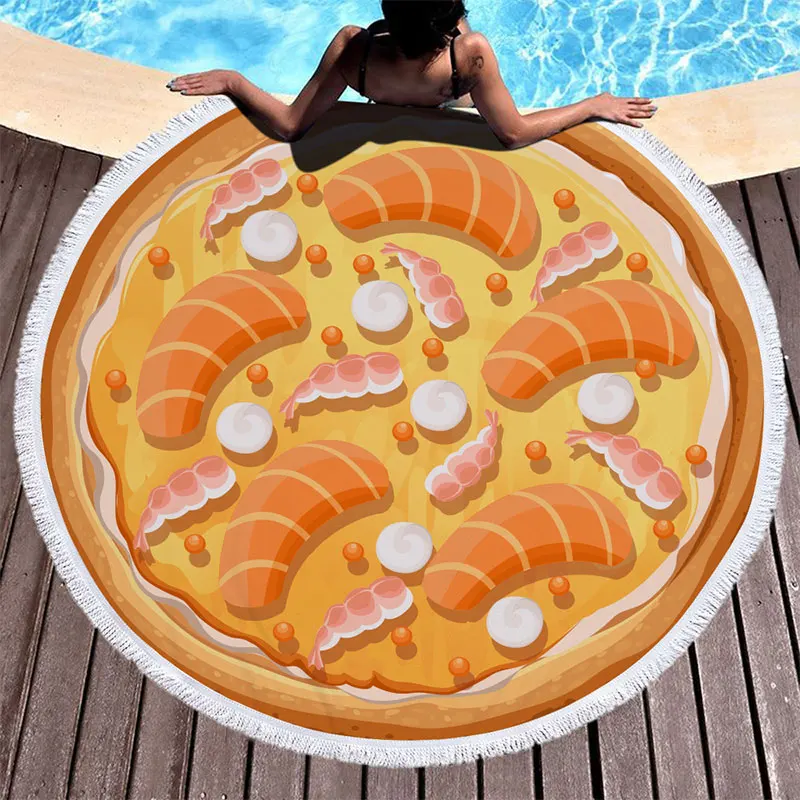 Летнее круглое пляжное полотенце с рисунком пиццы и кисточками пляжные