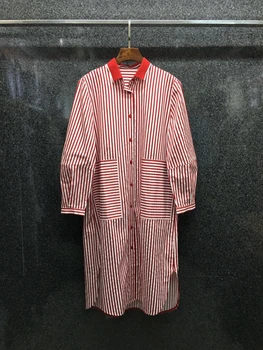 

2020 Early Autumn New Women's Color Block Lapel Symmetric Striped Style with Pockets Long-Sleeved Dress 821