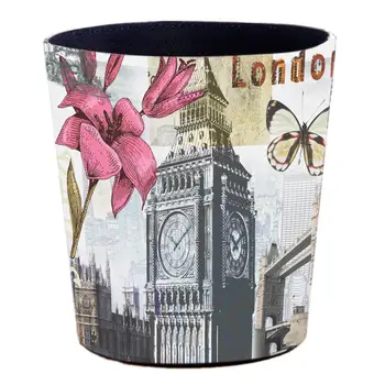 

Hot 25 X 20 X 27cm 10L Waterproof Leather Trash Bin Waste Container Garbage Can Dustbin - Big Ben + Flower/Big Ben + Butterflies