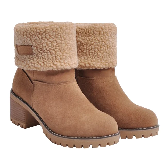 women cute warm short boots suede chunky mid heel round toe winter snow ankle booties