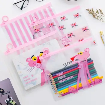 

Cute Pink Panther School Pencil Bags File Holder Kawaii Transparent Pencil Box Pen Case Pencil Cases For Kids Korean Stationery