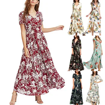 

Womens Vintage Ethnic Print V-neck Short Sleeve Dress Loose Casual Beach Long Dress TC21