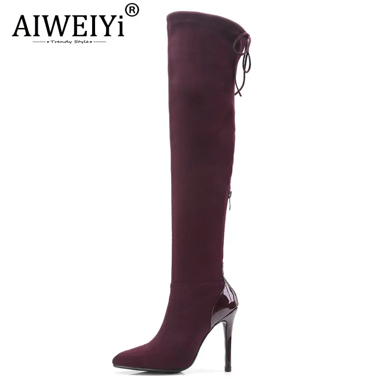 AIWEIYi/пикантные женские ботфорты выше колена с острым носком эластичные тканевые