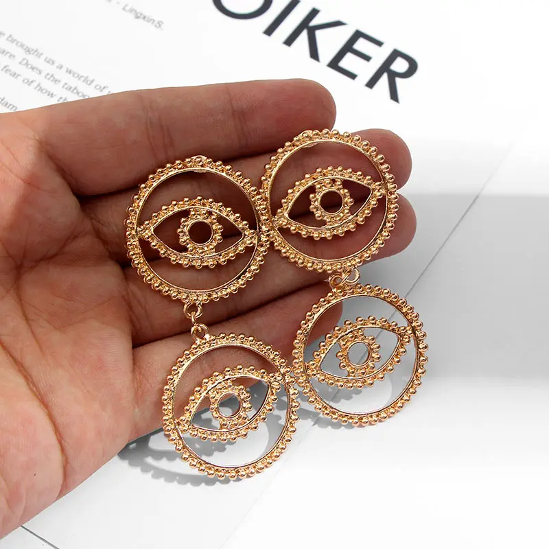 

Flatfoosie 2019 Latest Design Gold Color Hollow Evil Eye Drop Earrings For Women Lady Luxury Round Gemetric Big Dangle Earring