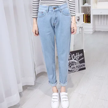 

Jeans for Women High Waist Light Blue Roll up Denim Casual Skinny Harem Pants Full Length Cowboy Trousers