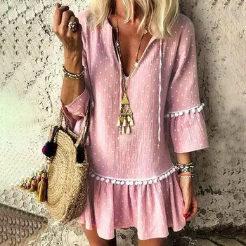 

Women's Polka Dot Print Tassel V-neck Mini Dress 3/4 Sleeve Ruffled Straight Short Dresses 2020 Summer Vintage NEW Vestido Woman